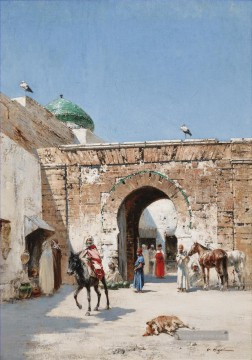  orientalist - HORSEMAN AT the DOOR OF A NORTH AFRICAN TOWN Victor Huguet Orientalist